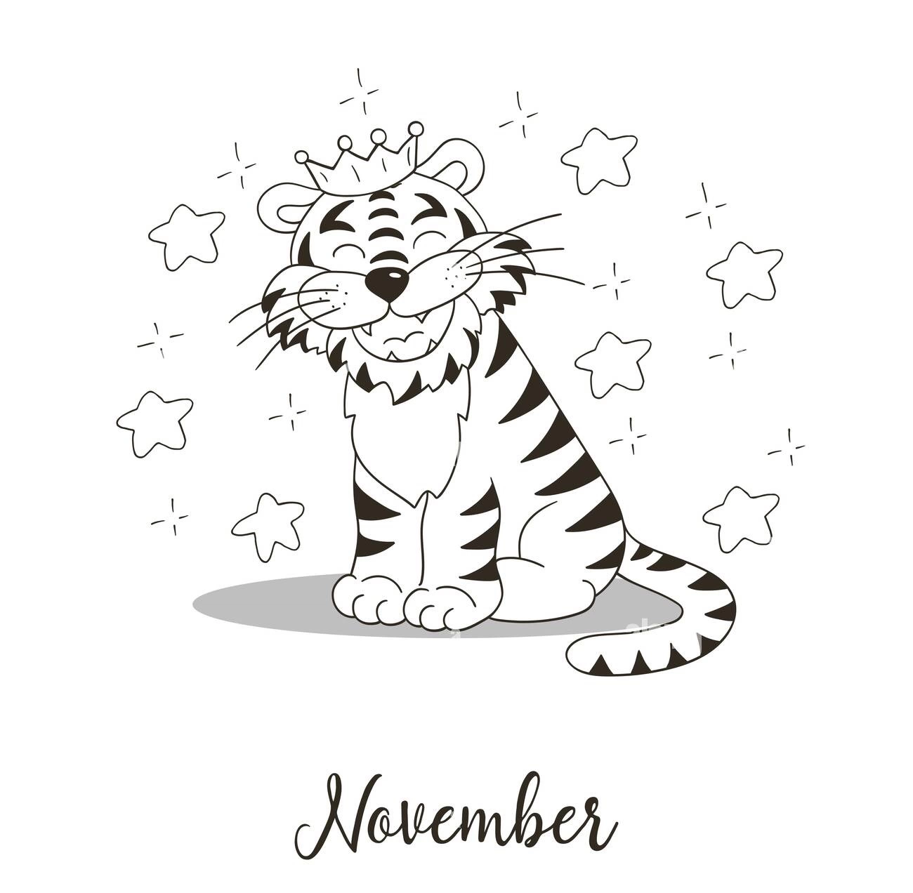 Kolorowanka wesoły tygrys wita listopad